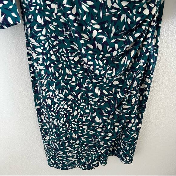 Eliza J Faux Wrap Collared Green Cream Navy Brushstroke Dress 6 - Picture 3 of 14